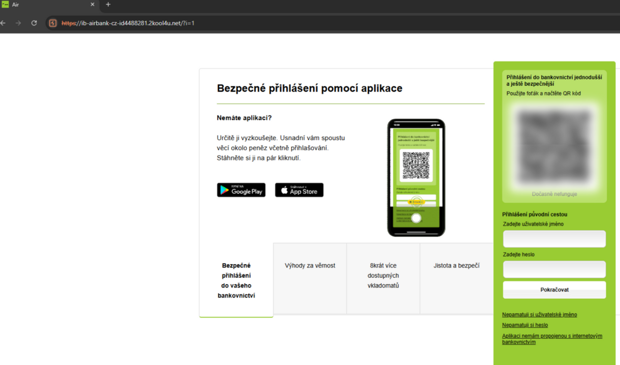 falešné přihlášení do internetového bankovnictví