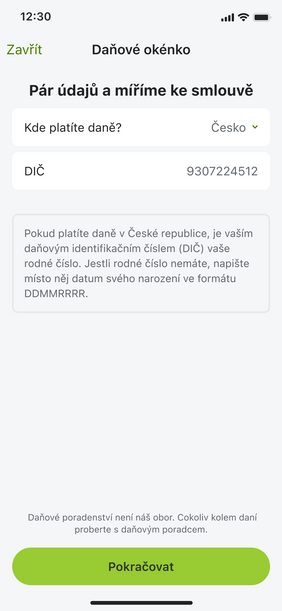 Daňové okénko v aplikaci