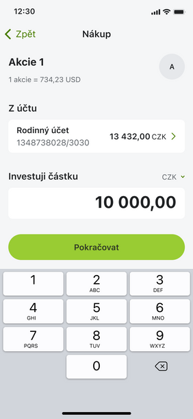 Nákup akcií v aplikaci
