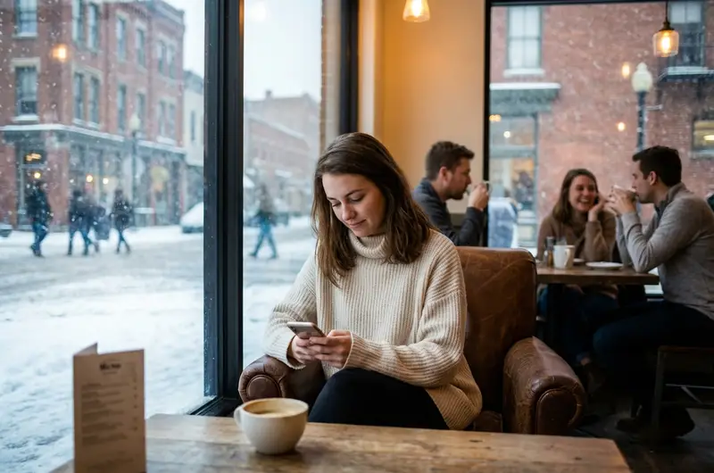 A realistic photograph of a young woman sitting in a cozy coffee shop by a large window during wint xrs40dr0wfrdgq32q7gv 1