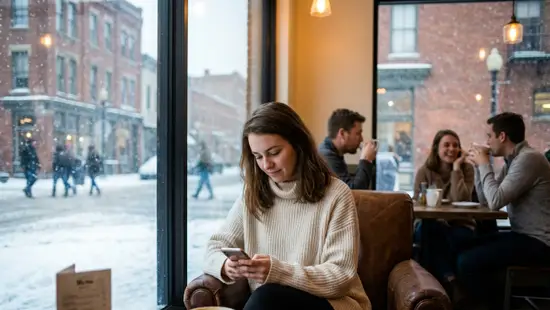 A realistic photograph of a young woman sitting in a cozy coffee shop by a large window during wint xrs40dr0wfrdgq32q7gv 1