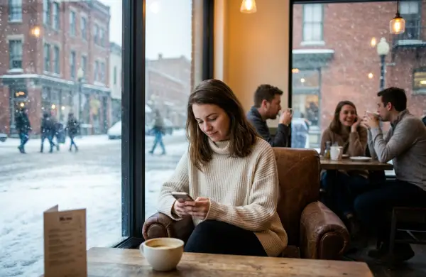 A realistic photograph of a young woman sitting in a cozy coffee shop by a large window during wint xrs40dr0wfrdgq32q7gv 1