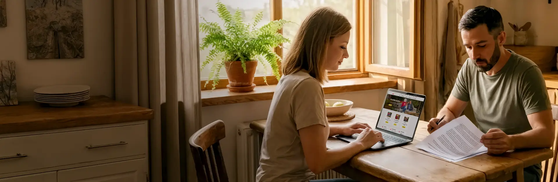 Manželé u počítače a smluv diskutují o problémech se splácením a hledají řešení.