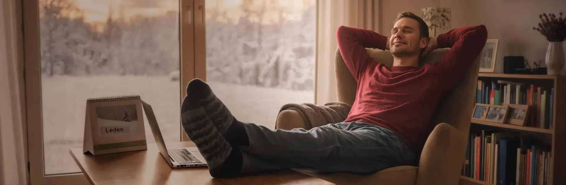 Muž s rukama za hlavou relaxuje v křesle. Ilustrační foto ke konsolidaci půjček a získání finanční pohody.