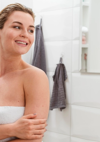 Woman towel looking away