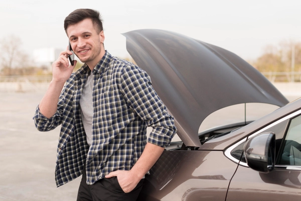 Man with broken car talking phone